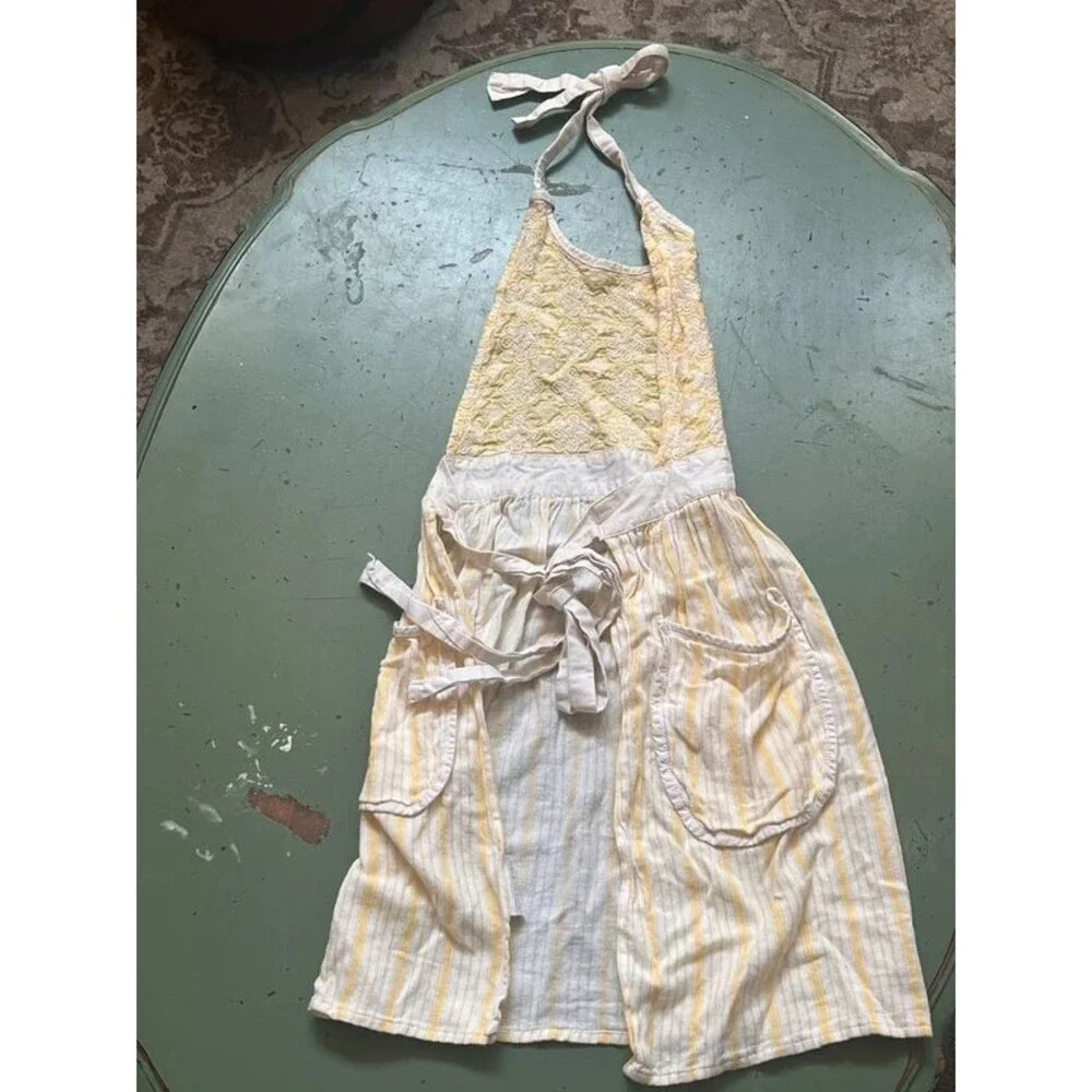 2 Vintage Aprons - Sur La Table Yellow Stripe & Pink Floral Striped Smocks 100%